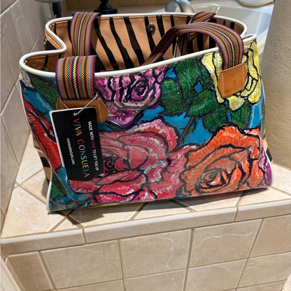 Consuela Multicolor Floral Patent Tote with Striped Handles - Picture 3 of 4